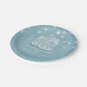 Couple Mason Jar String Lights Blue Floral Wedding Pappteller