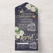 Couple Mason Jars Hydrangea Blue Gold Wedding RSVP All In One Einladung (Innen Boden)