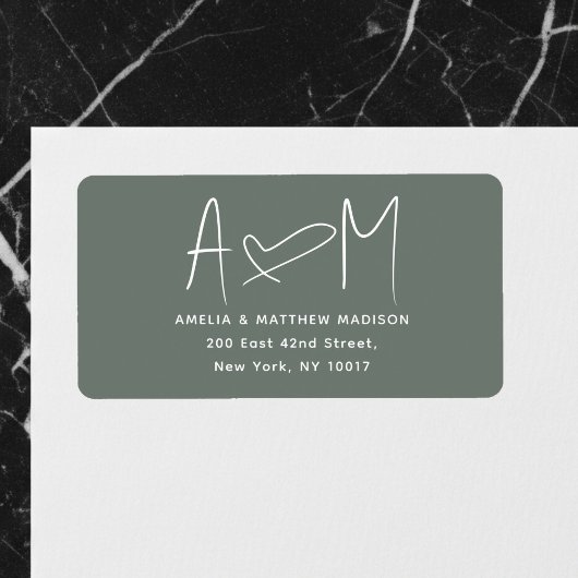Couple Monogram Heart Green Return Address Adressaufkleber