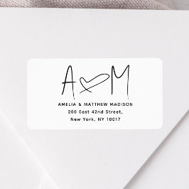 Couple Monogram Heart White Return Address Adressaufkleber