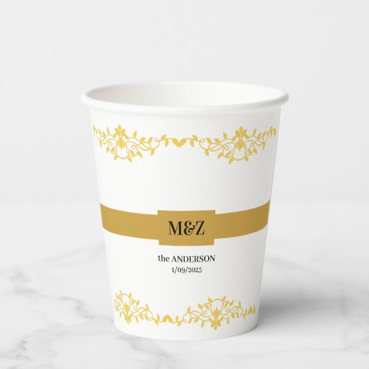 Couple Monogram Hochzeitdatum dekorative Grenze Pappbecher (Rückseite)