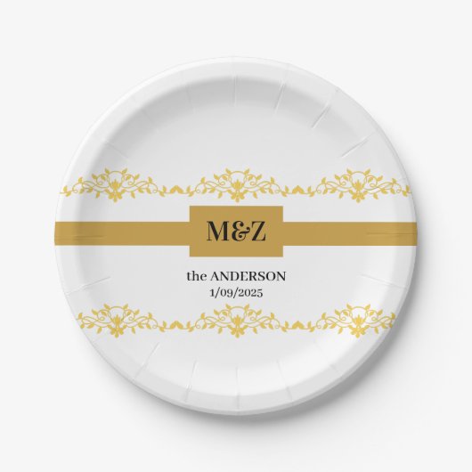 Couple Monogram Hochzeitdatum dekorative Grenze Pappteller (Vorderseite)