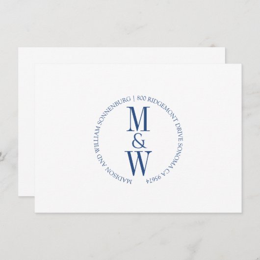 Couple Monogram Minimalistisch Blue Mitteilungskarte (Vorne/Hinten)