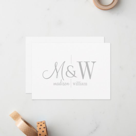 Couple Monogram Minimalistisch Grau Script & Serif Mitteilungskarte (Vorderseite/Rückseite Beispiel)
