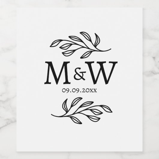 Couple Monogram Wedding Date Elegant Botanical Weinetikett (Einzelnes Label)