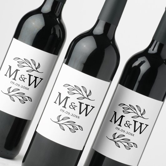 Couple Monogram Wedding Date Elegant Botanical Weinetikett