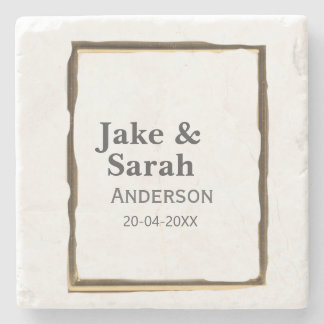 Couple name gray golden frame border wedding date steinuntersetzer