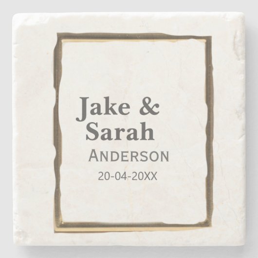 Couple name gray golden frame border wedding date steinuntersetzer (Vorderseite)