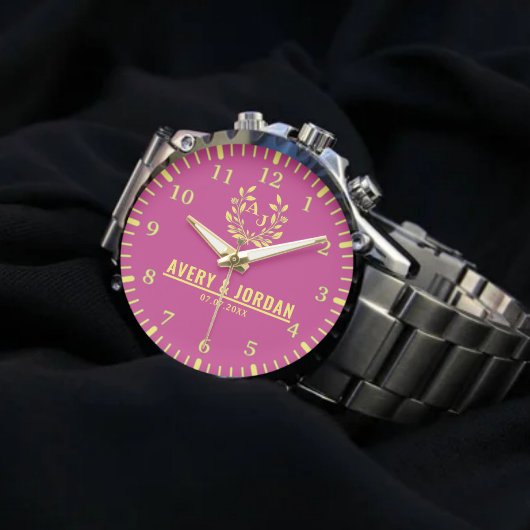 Couple Names Monogram Yellow & Pink Elegant Armbanduhr