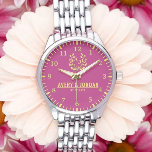 Couple Names Monogram Yellow & Pink Elegant  Armbanduhr