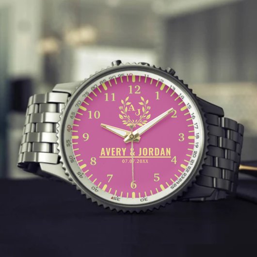 Couple Names Monogram Yellow & Pink Elegant Armbanduhr
