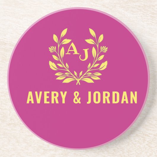 Couple Names Monogram Yellow & Pink Elegant  Getränkeuntersetzer (Vorne)