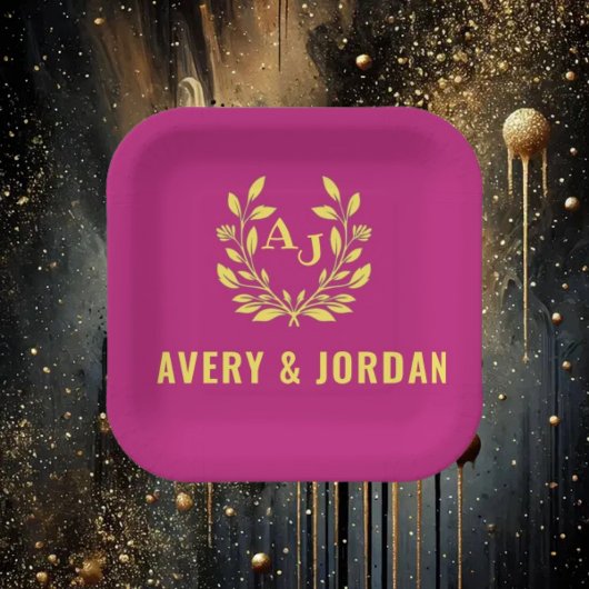 Couple Names Monogram Yellow & Pink Elegant Pappteller