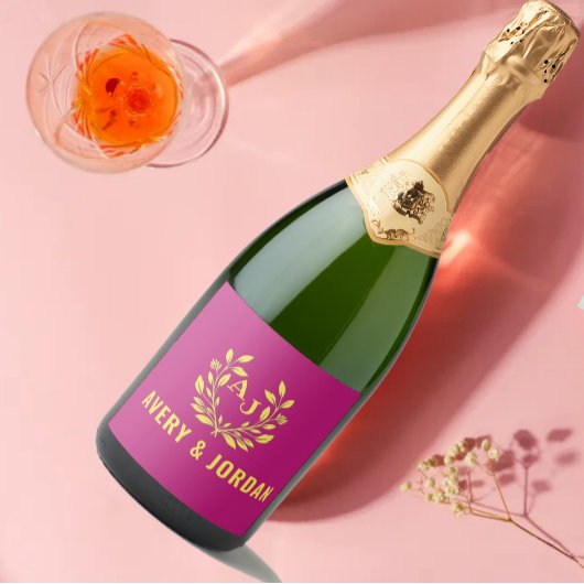 Couple Names Monogram Yellow & Pink Elegant  Schaumweinetikett