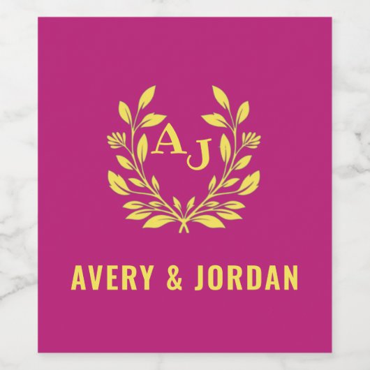 Couple Names Monogram Yellow & Pink Elegant Weinetikett (Einzelnes Label)