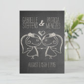 Couple on Blackboard Lesbian Wedding Einladung (Stehend Vorderseite)