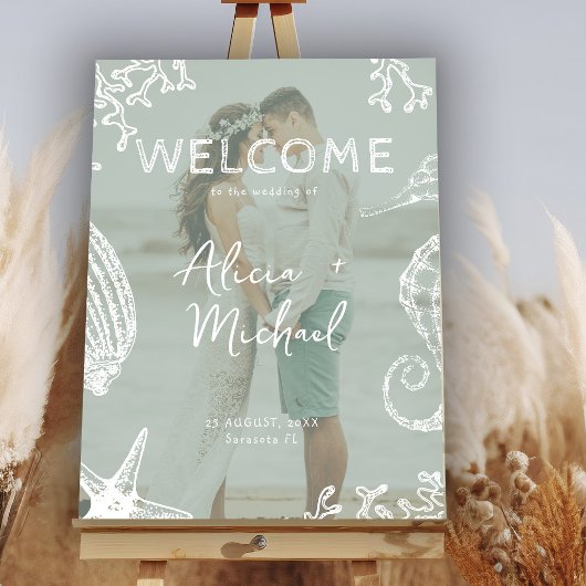 Couple photo coastal wedding welcome  poster