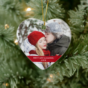 Couple Photo Front   Snowflakes Back Red Heart Keramik Ornament