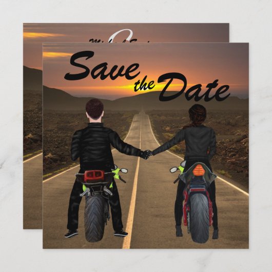 Couple Riding Motorräder at Sunset Wedding Rett T Save The Date (Vorne/Hinten)