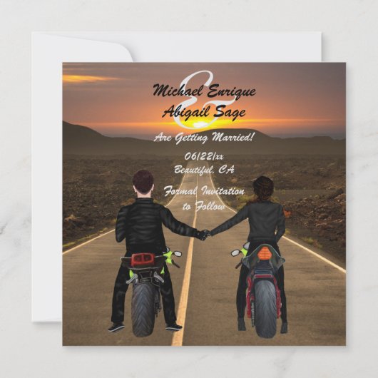 Couple Riding Motorräder at Sunset Wedding Rett T Save The Date (Rückseite)