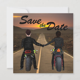 Couple Riding Motorräder at Sunset Wedding Rett T Save The Date