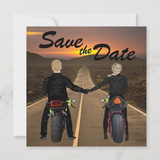 Couple Riding Motorräder bei Sonnenuntergang Save The Date (Vorderseite)