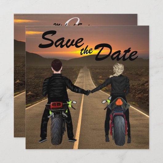 Couple Riding Motorräder bei Sonnenuntergang Save The Date (Vorne/Hinten)