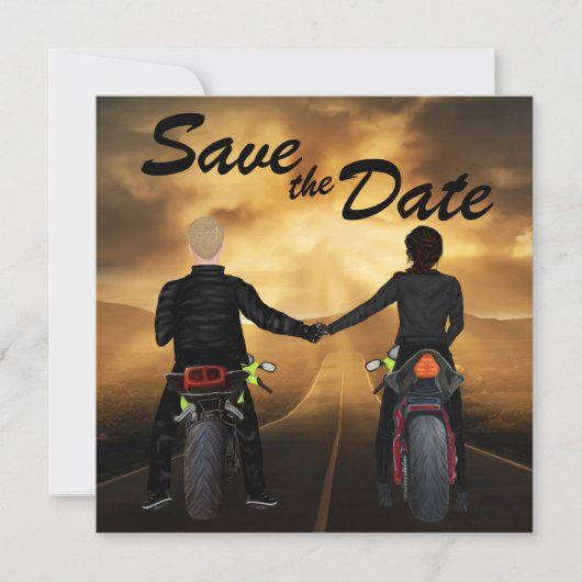 Couple Riding Motorräder Magische Sonnenuntergang Save The Date (Vorderseite)