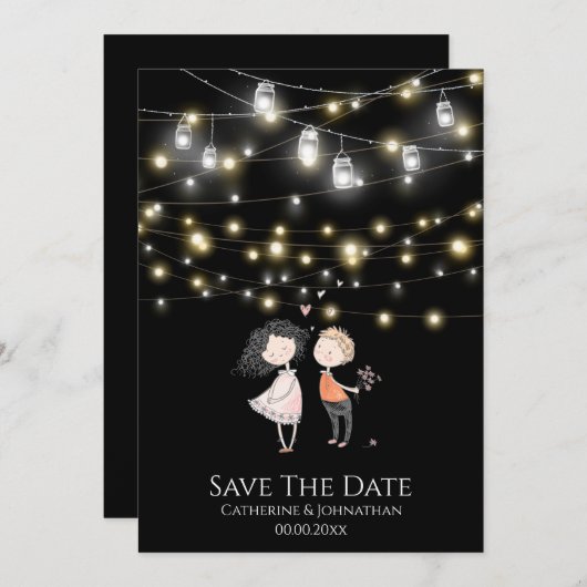 Couple stehend unter Lichterketten Cartoon Save The Date (Vorne/Hinten)