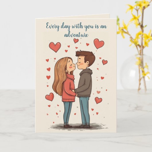 Couple und Hearts Valentinstag Beige Karte (Gelbe Blume)