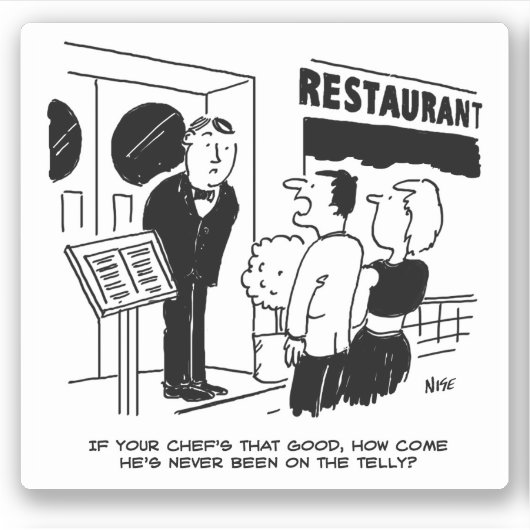 Couple Visiting Restaurant fragte über Koch Cartoo Aufkleber (Vorderseite)