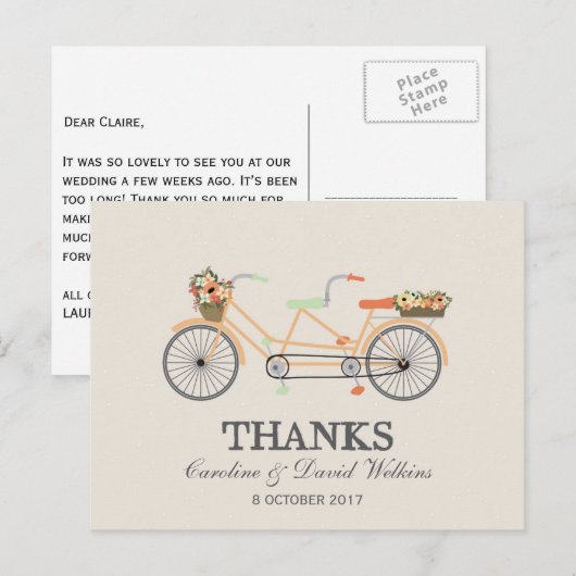 Couple's Cycle Wedding Danke Postcard Postkarte (Vorne/Hinten)