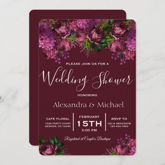 Couple's Dusche Floral Marsala Burgund Einladung (Vorne/Hinten)