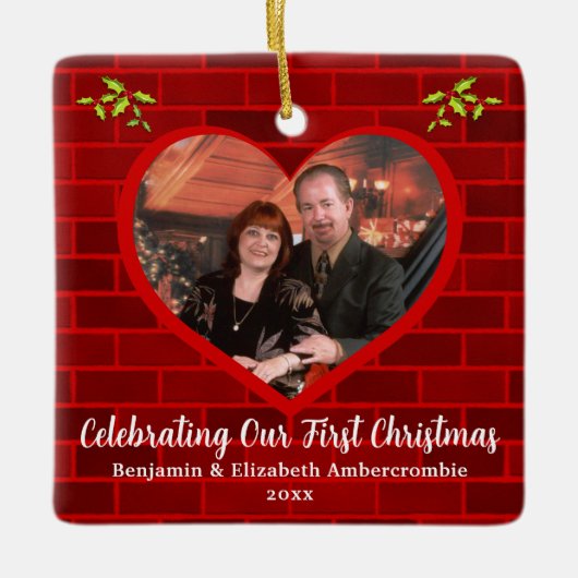Couple's First Christmas Rustic Red Brick Keramikornament (Vorderseite)