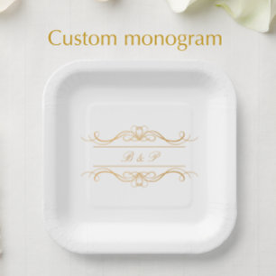 Couple's Monogram Elegant Gold Swirl Wedding Pappteller