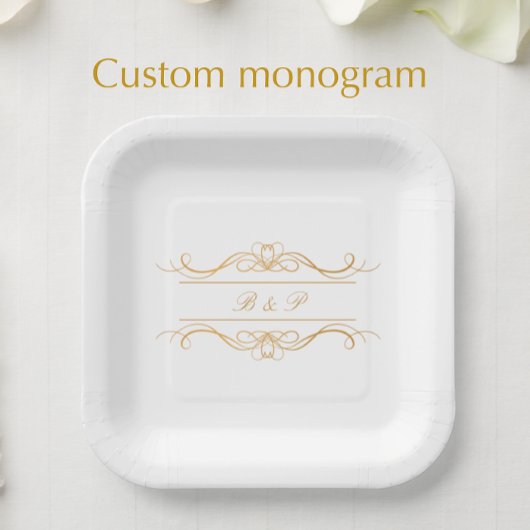 Couple's Monogram Elegant Gold Swirl Wedding Pappteller