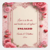 Couple's Romantic Pink Heart Motifs Floral Engaged Quadratischer Aufkleber (Vorderseite)