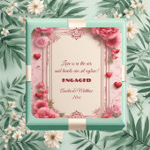 Couple's Romantic Pink Heart Motifs Floral Engaged Quadratischer Aufkleber