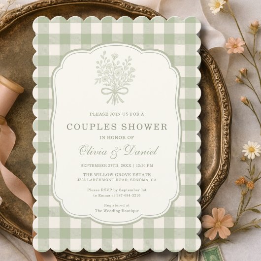 Couples Shower Gingham Sage Green Floral Bow  Einladung