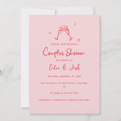 Couples shower modern pink red elegant handwritten einladung (Vorderseite)