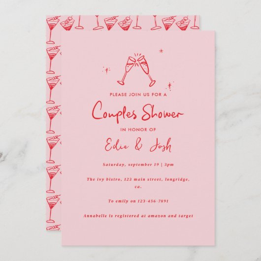 Couples shower modern pink red elegant handwritten einladung (Vorne/Hinten)