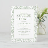 Couples Shower Sage Green Vintage French Floral  Einladung (Stehend Vorderseite)