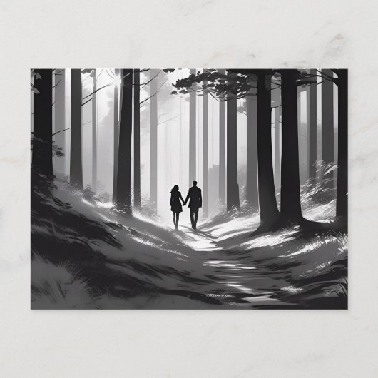 Couple's Silhouette Spaziergang durch den Waldweg Postkarte (Vorderseite)