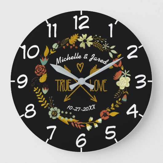 Couples Wedding Anniversary Autumn Floral Wreath Große Wanduhr (Vorderseite)
