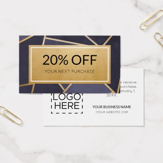 Coupon Modern Navy Blue Gold Discount Cards (Büro)