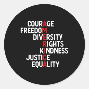 Courage Freedom Variety Rights Friendship Justice Runder Aufkleber