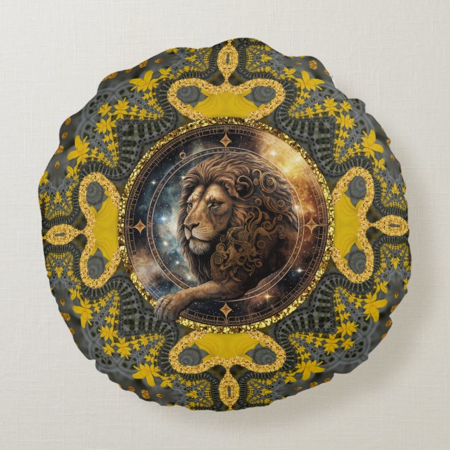 Courageous Leo Zodiac Gelbes Fraktal Mandala Rundes Kissen (Rückseite)