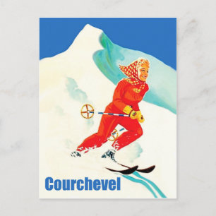 Courchevel, Frau auf Skispur, Frankreich, Vintage Postkarte