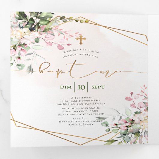 Couronne de Rosen Blush Feuillage Aquarelle Baptem Dreifach Gefaltete Einladung (Innen Erste Seite)