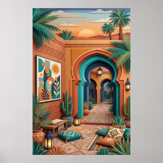 Courtyard Sunset Art - Boho Turquoise Arches Palm Poster (Vorne)
